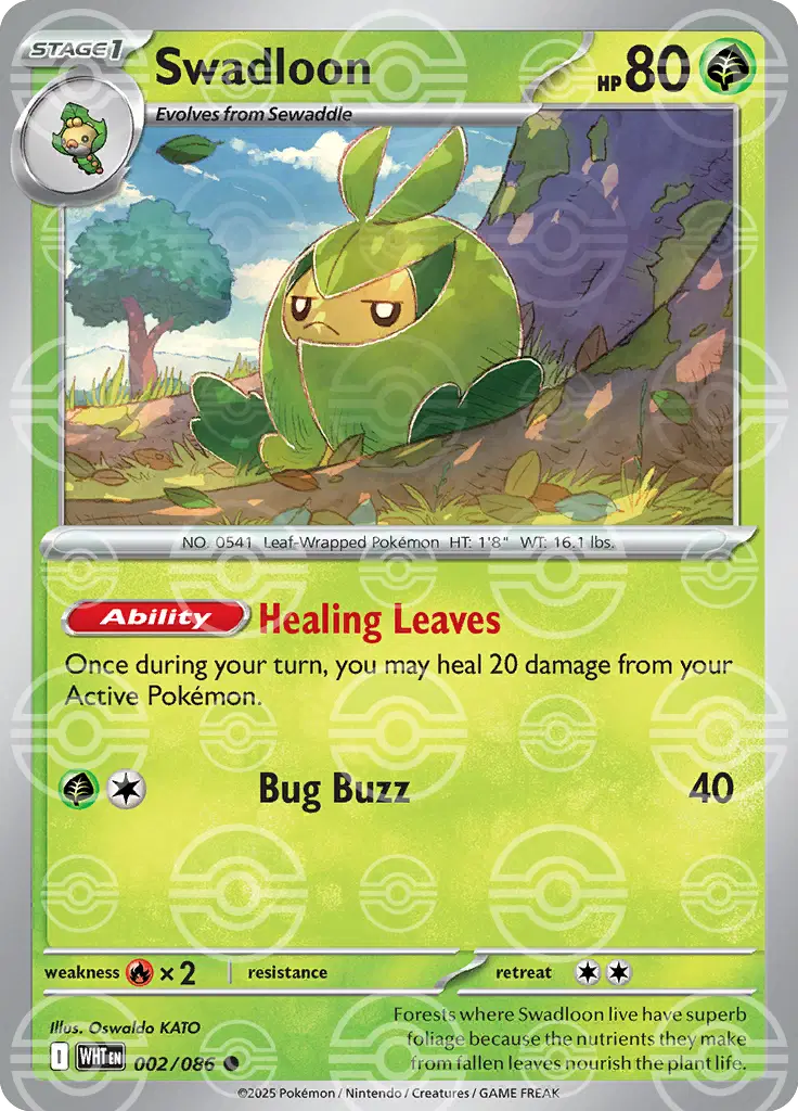 Near Mint 2025 Pokémon Swadloon (Poke Ball Pattern) – White Flare #002/086