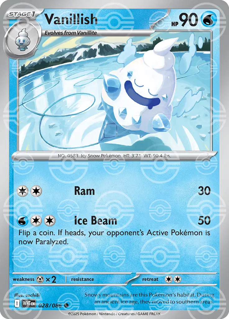 Near Mint 2025 Pokémon Vanillish (Poké Ball Pattern) – White Flare #028/086