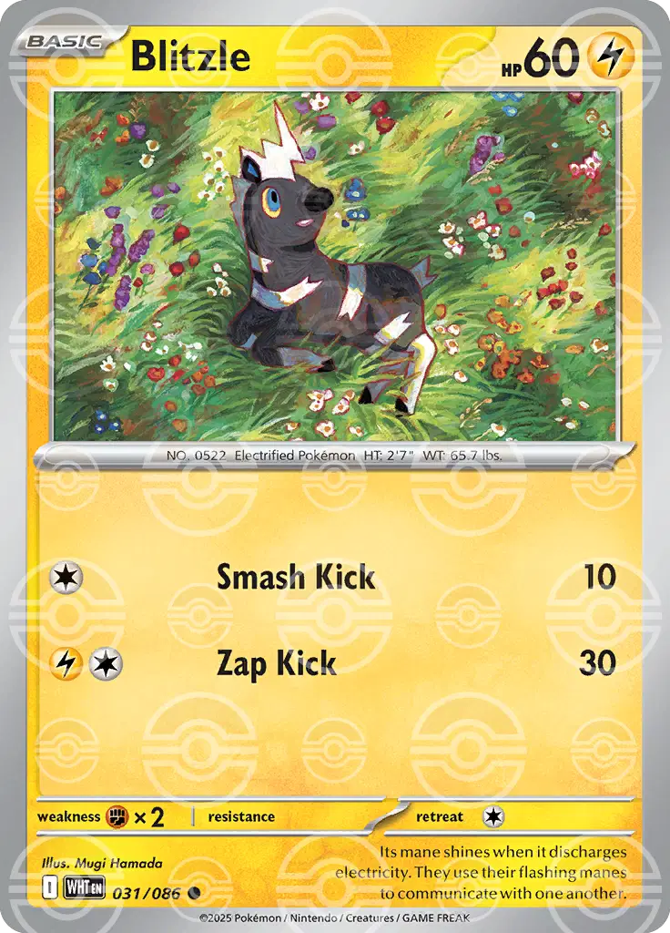 Near Mint 2025 Pokémon Blitzle (Poke Ball Pattern) – White Flare #022/086 | Basic Electric-Type TCG Card