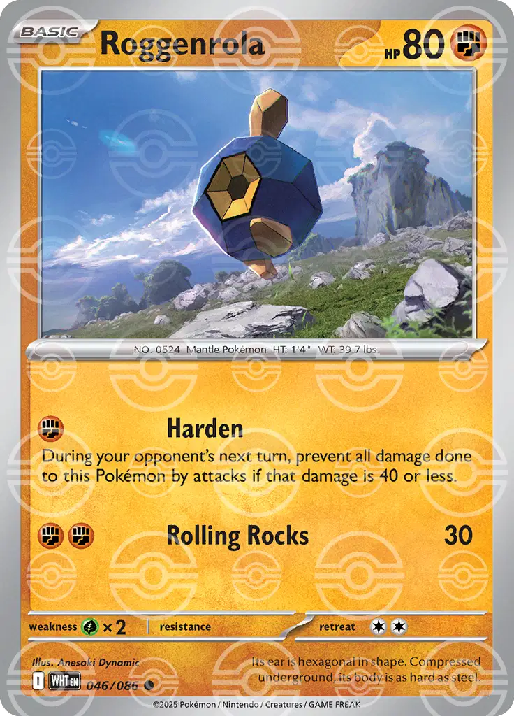 Near Mint 2025 Pokémon Roggenrola (Poke Ball Pattern) – White Flare #046/086 | Basic Rock-Type TCG Card