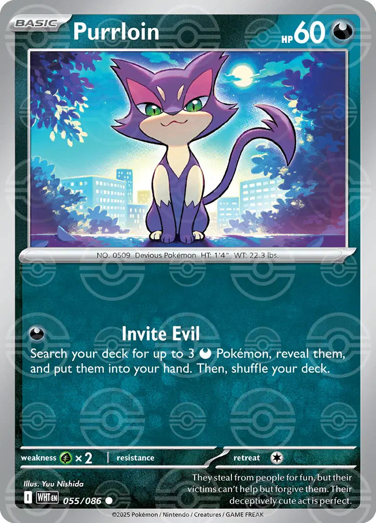 Near Mint 2025 Pokemon Purrloin (Poke Ball Pattern) – White Flare # 055/086