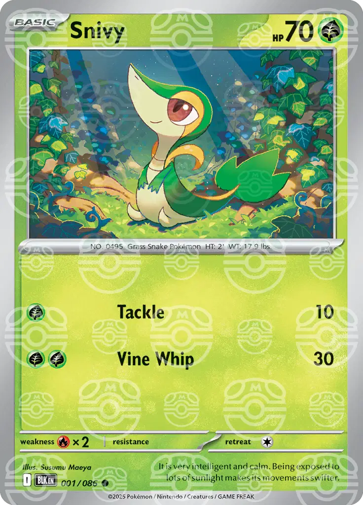 Near Mint 2025 Pokémon Snivy (Master Ball Pattern) – Black Bolt #001/086 | Basic Grass-Type TCG Card