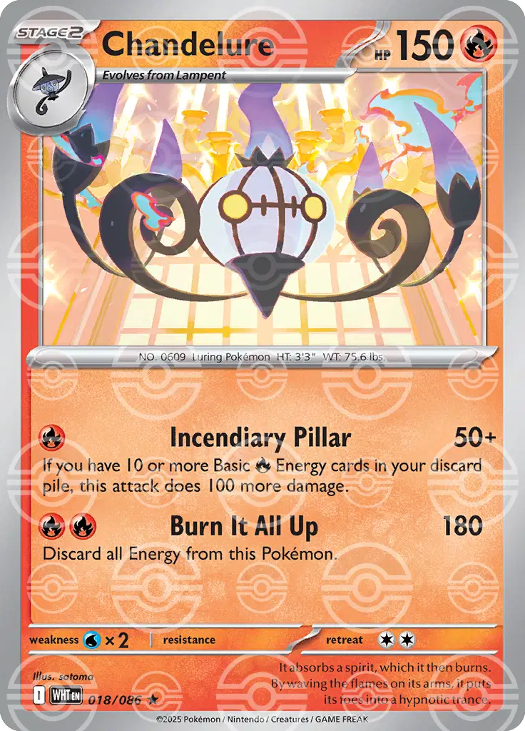 Near Mint 2025 Pokemon Chandelure (Poke Ball Pattern) – White Flare #018/086