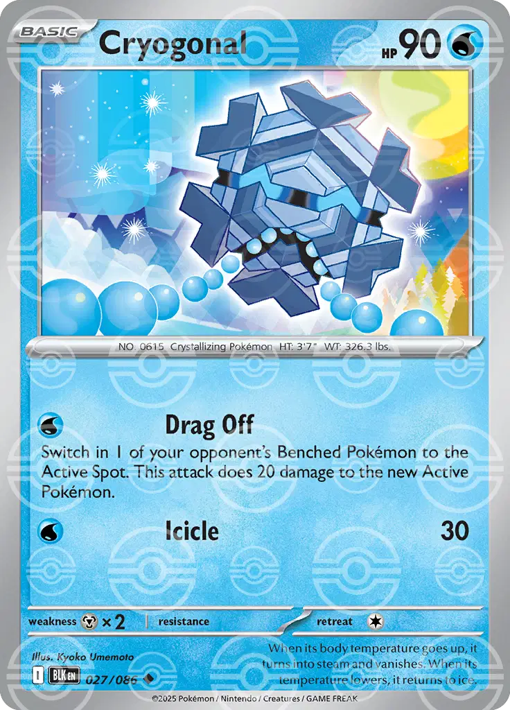 Near Mint 2025 Pokémon Cryogonal (Poke Ball Pattern) – Black Bolt #027/086 | Basic Ice-Type TCG Card