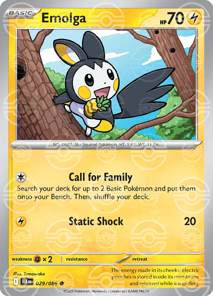 Near Mint 2025 Pokemon Emolga (Poke Ball Pattern) – Black Bolt #029/086