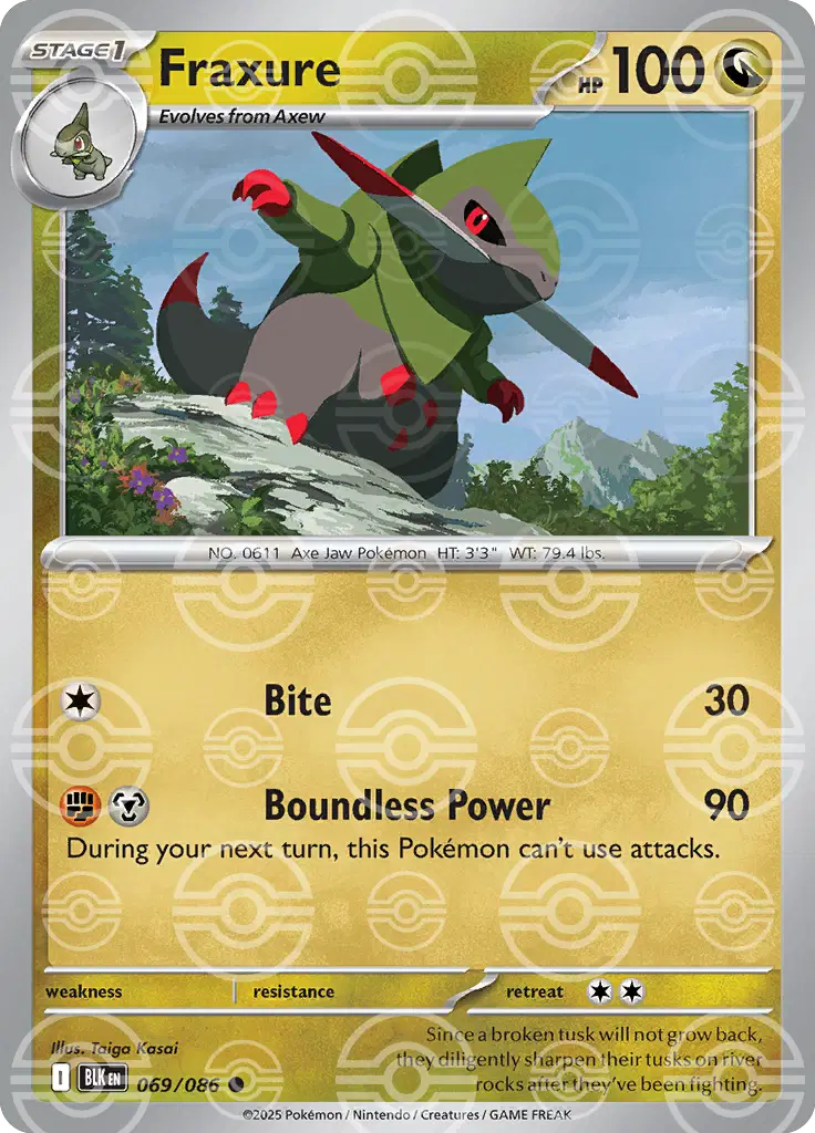 Near Mint 2025 Pokémon Fraxure (Poke Ball Pattern) – Black Bolt #069/086 | Basic Dragon-Type TCG Card