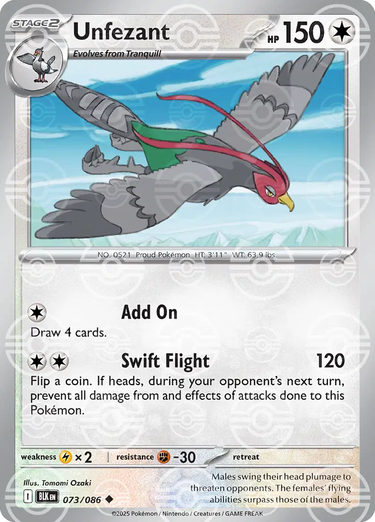 Near Mint 2025 Pokémon Unfezant (Poke Ball Pattern) – Black Bolt #073/086 | Basic Flying-Type TCG Card