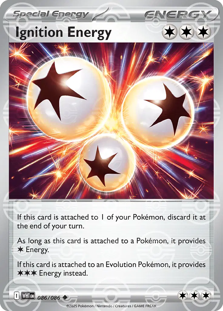Near Mint 2025 Pokémon Ignition Energy (Poké Ball Pattern) – White Flare #086/086