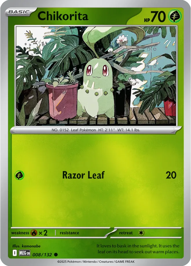 ✨🌱💚 Near Mint 2025 Pokémon Chikorita Reverse Holo – Mega Evolutions #008/132 ✨🌱💚