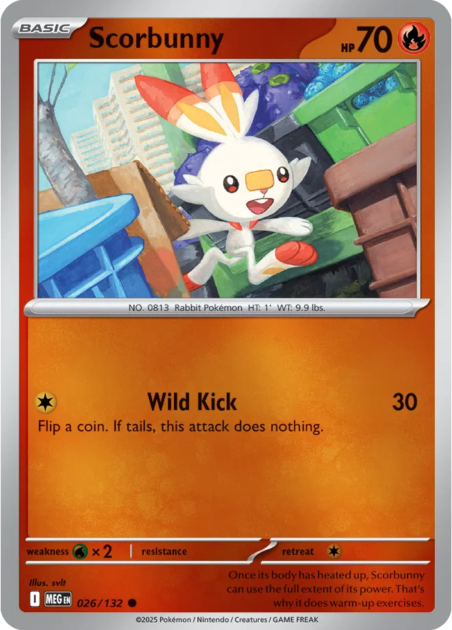 ✨🐰🔥 Near Mint 2025 Pokémon Scorbunny Reverse Holo – Mega Evolutions #026/132 ✨🐰🔥