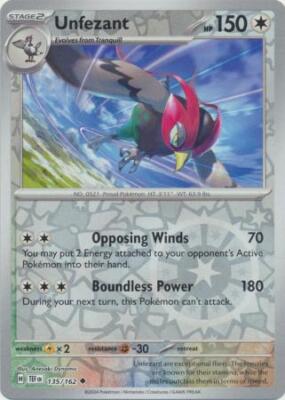 Near Mint 2024 Pokémon Unfezant Reverse Holo – Temporal Forces #135/162 | Stage 2 Colorless-Type TCG Card