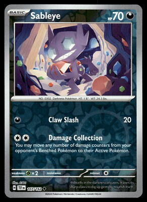 Near Mint 2024 Pokémon Sableye Reverse Holo – Temporal Forces #107/162 | Basic Darkness-Type TCG Card
