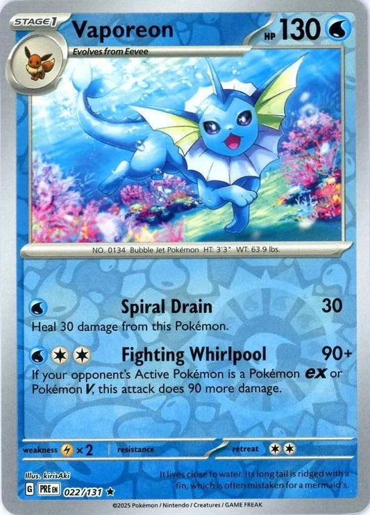 Near Mint 2025 Pokemon Vaporeon Reverse Holo - Prismatic Evolutions #022/131