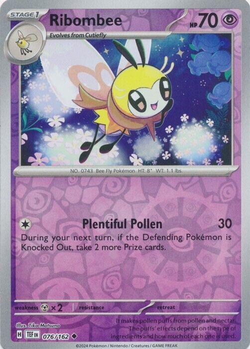 Near Mint 2024 Pokémon Ribombee Reverse Holo – Temporal Forces #076/162 | Basic Bug/Fairy-Type TCG Card