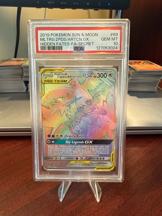 🔥❄️⚡ PSA GEM MT 10 2019 Pokémon Sun & Moon Tag Team Moltres & Zapdos & Articuno GX Secret Rare – Hidden Fates #69/68 🔥❄️⚡