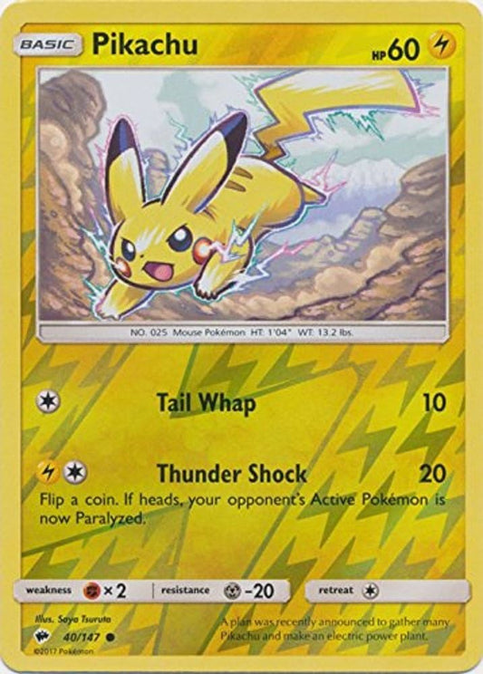 Near Mint 2017 Pokemon Pikachu Reverse Holofoil - Sun and Moon Burning Shadows #40/147
