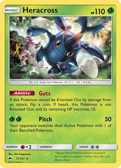 Near Mint 2017 Pokemon Heracross - Sun and Moon Burning Shadows #11/147