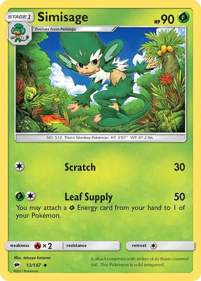 Near Mint 2017 Pokemon Simisage - Sun and Moon Burning Shadows #13/147