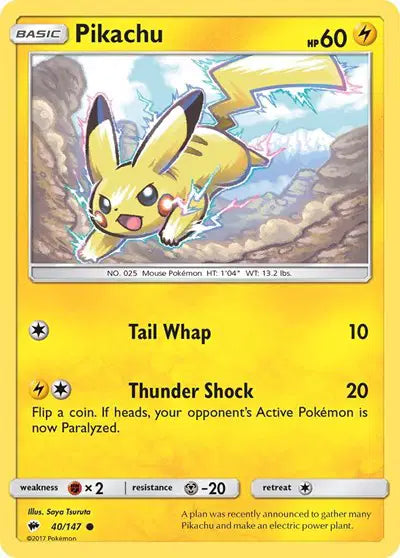 Near Mint 2017 Pokemon Pikachu - Sun and Moon Burning Shadows #40/147