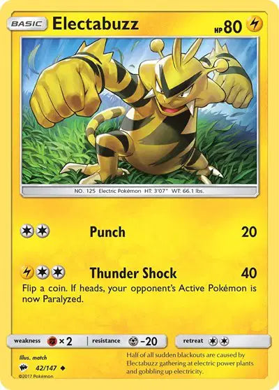 Near Mint 2017 Pokemon Electabuzz - Sun and Moon Burning Shadows #42/147