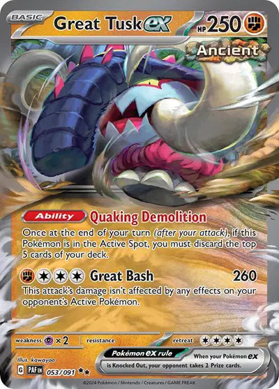 Near Mint 2024 Pokémon Great Tusk ex – Paldean Fates #053/091