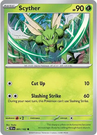 Near Mint 2024 Pokémon Scyther – Temporal Forces #001/162 | Basic Grass-Type TCG Card