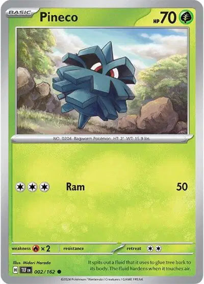 Near Mint 2024 Pokémon Pineco – Temporal Forces #002/162 | Basic Grass-Type TCG Card