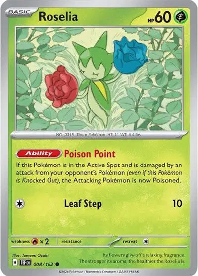Near Mint 2024 Pokémon Roselia – Temporal Forces #007/162 | Stage 1 Grass-Type TCG Card
