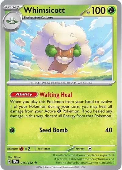 Near Mint 2024 Pokémon Whimsicott Holofoil – Temporal Forces #015/162 | Stage 1 Grass-Type TCG Card