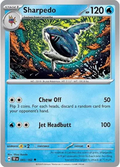 Near Mint 2024 Pokémon Sharpedo – Temporal Forces #043/162 | Stage 1 Water-Type TCG Card