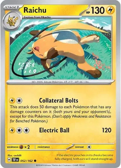 Near Mint 2024 Pokémon Raichu – Temporal Forces #052/162 | Stage 1 Electric-Type TCG Card