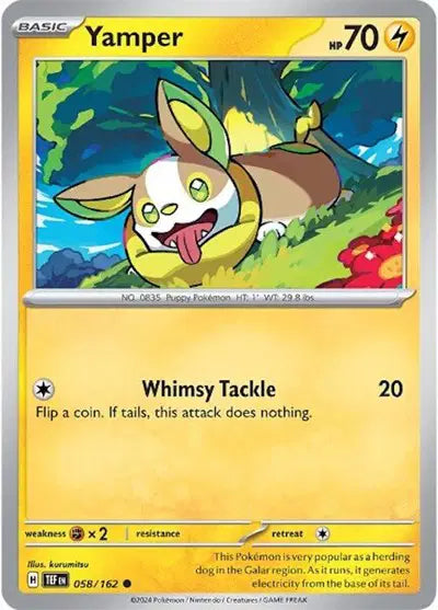 Near Mint 2024 Pokémon Yamper – Temporal Forces #058/162 | Electric-Type TCG Card