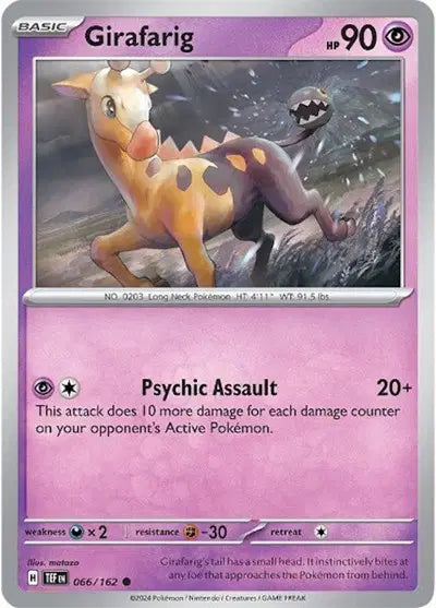 Near Mint 2024 Pokémon Girafarig Reverse Holo – Temporal Forces #066/162 | Basic Psychic/Normal-Type TCG Card