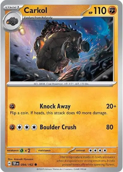 Near Mint 2024 Pokémon Carkol – Temporal Forces #094/162 | Stage 1 Rock-Type TCG Card