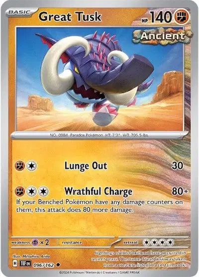 Near Mint 2024 Pokémon Great Tusk – Temporal Forces #096/162 | Stage 1 Ground-Type TCG Card