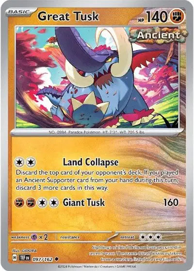 Near Mint 2024 Pokémon Great Tusk – Temporal Forces #097/162 | Stage 1 Ground-Type TCG Card
