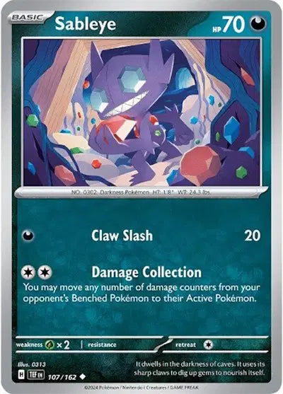 Near Mint 2024 Pokémon Sableye – Temporal Forces #107/162 | Basic Darkness-Type TCG Card