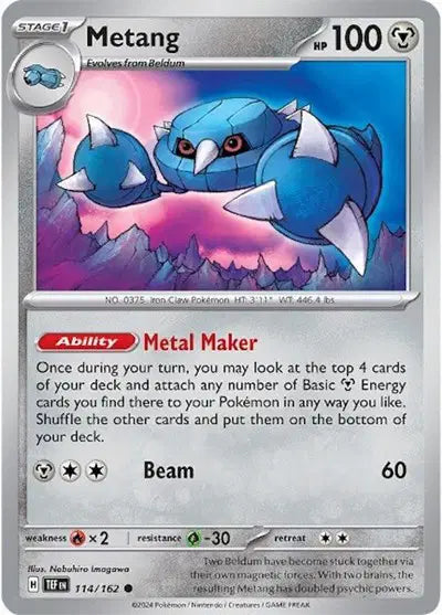 Near Mint 2024 Pokémon Metang – Temporal Forces #114/162 | Stage 1 Steel/Psychic-Type TCG Card
