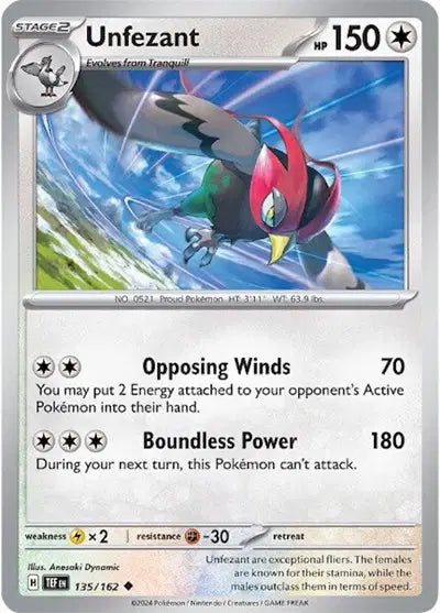 Near Mint 2024 Pokémon Unfezant – Temporal Forces #135/162 | Stage 2 Colorless-Type TCG Card