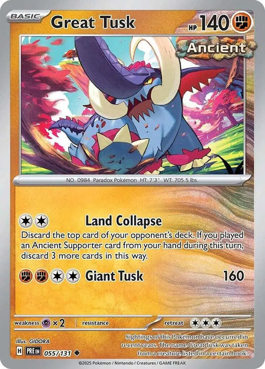 Near Mint 2025 Pokemon Great Tusk Reverse Holofoil - Prismatic Evolutions #055/131