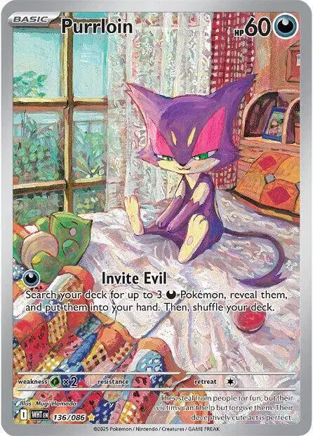 Near Mint 2025 Pokémon Purrloin Illustration Rare – White Flare #136/086