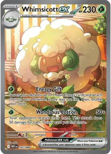 Near Mint 2025 Pokémon Whimsicott ex Special Illustration Rare – White Flare #165/086 | Basic Grass-Type TCG Card