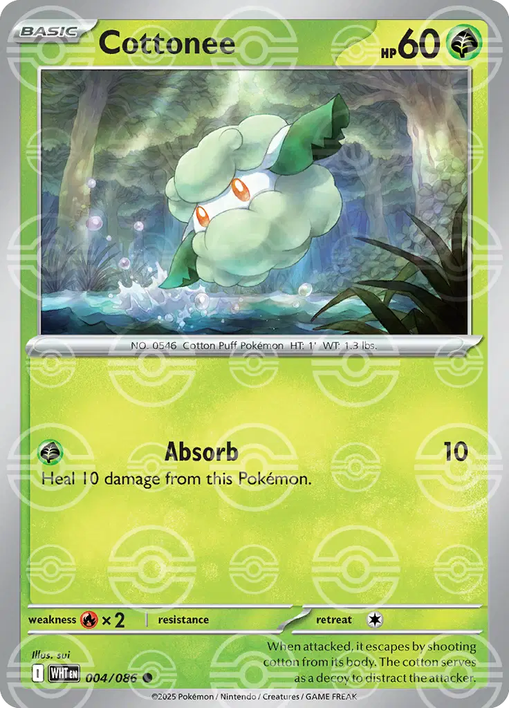 Near Mint 2025 Pokémon Cottonee (Poke Ball Pattern) – White Flare #004/086