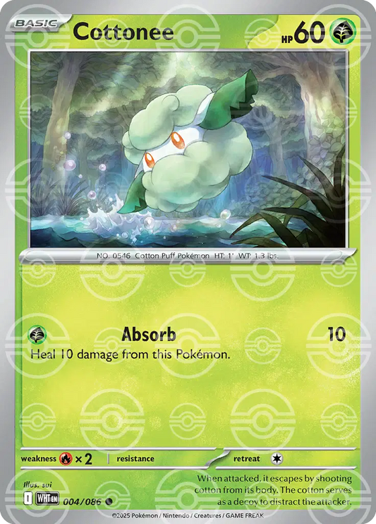 Near Mint 2025 Pokémon Cottonee (Poke Ball Pattern) – White Flare #004/086