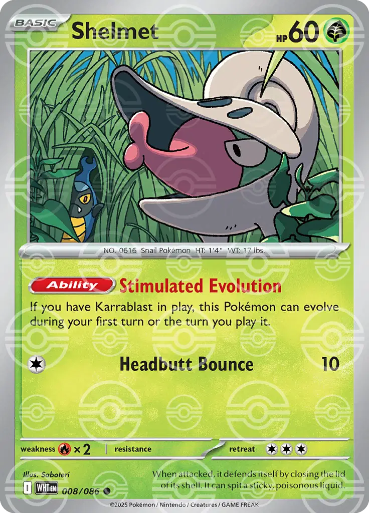 Near Mint 2025 Pokemon Shelmet (Poke Ball Pattern) – White Flare #008/086
