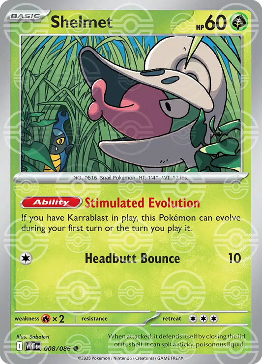 Near Mint 2025 Pokemon Shelmet (Poke Ball Pattern) – White Flare #008/086