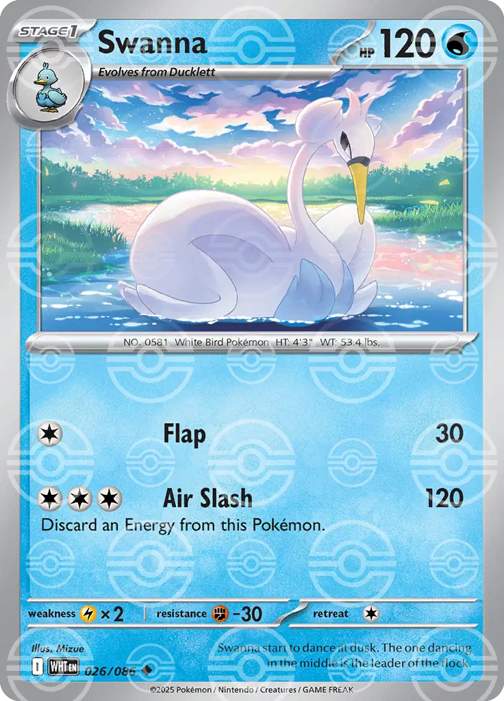 Near Mint 2025 Pokémon Swanna (Poké Ball Pattern) – White Flare #026/086