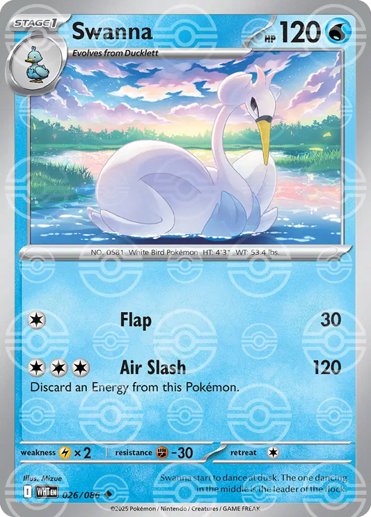 Near Mint 2025 Pokémon Swanna (Poké Ball Pattern) – White Flare #026/086
