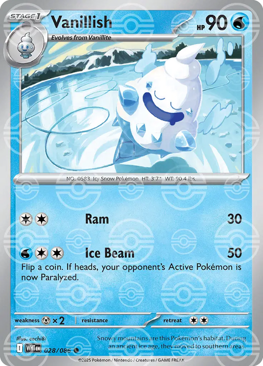 Near Mint 2025 Pokémon Vanillish (Poké Ball Pattern) – White Flare #028/086
