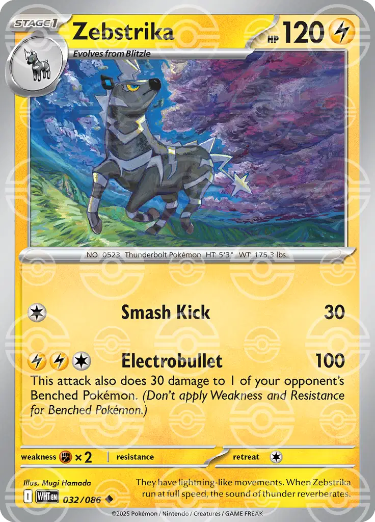 Near Mint 2025 Pokémon Zebstrika (Poké Ball Pattern) – White Flare #032/086